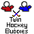 Pixel art of two hockey players in red and blue jerseys with crossed sticks, below which text reads "Twin Hockey Buddies" on a gray background.