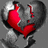A pixelated image of a broken heart with red and gray tones, accompanied by cyan text on a dark blue background.