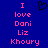 Blue background with pink pixelated text reading "I love Doni Liz Khoury" and a black heart outline above the text.