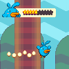 Pixel art of a blue bird-like character with orange beak and feet, positioned on a checkered pillar against a landscape background.