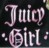 Pixelated text reads "Juicy Girl" in stylized pink letters on a dark background with scattered white dots.