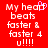 Red background with white pixelated text reading "My heart beats faster & faster 4 u!!!!" and a pink heart symbol replacing the 'o' in 'heart'.