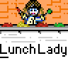 Animated pixel art contact sheet showing a Lunch Lady character playing instruments across multiple frames with repeated text labels below each row.