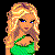 Pixelated image of a woman with blonde hair in green attire, accompanied by text phrases on black background.