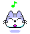 Pixel art cat head with closed eyes and pink mouth, surrounded by musical notes and Japanese text in four variations.