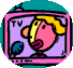 A cartoon character with pink skin and yellow hair appears on a TV screen, alternating between speaking into a microphone and static noise.