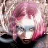 four showing a person with pink hair and light blue face paint, transitioning from static text to animated symbols over time