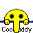 Two yellow pixelated smiley faces in a contact sheet, one with closed eyes and the other with open eyes and visible mouth lines, both resting on a blue bar above text reading "Coolbuddy".