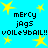Pixelated blue background with yellow stars and repeated text reading "mErCy jAgS voLLeYBAIl!!" in black block letters.