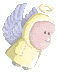 Pixelated angel figure in yellow hooded outfit with light blue wings and golden halo, shown from multiple angles on gray background.