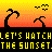 Pixel art animation of a sunset scene with palm trees and birds, featuring repeated text "LET'S WATCH THE SUNSET" in yellow and red on black bars across the frames.