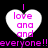 Four white heart shapes with pink text "love and and" inside, repeated twice with "everyone!!everyone!!" text below on black background.