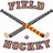 Pixelated icon with crossed hockey sticks, a puck, and text reading FIELD above and HOCKEY below on white background; orange to right displays GOALIE