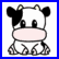 Animated cow icon with black-and-white patches, pink nose, and small horns; transitions from full-body view to close-up of face.