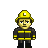 Pixelated figure wearing yellow hard hat with white square, dark uniform with yellow stripes, standing against gray background.