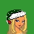 Pixelated image of a blonde woman wearing a Santa hat and red dress with white trim, standing against green background.