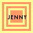 Four square display the name "JENNY" in black pixelated text over layered orange and yellow squares with varying border thicknesses