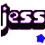 Pixelated text 'jess' in black and white with purple outline, accompanied by blue star shapes that shift position across frames.
