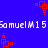 Blue background with white text "Samuel M 15" repeated horizontally and red square-based pixel art icons scattered across the image.