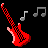 Pixel art animation of red electric guitars with checkered necks and gray musical notes on a black background, arranged in a 3x2 contact sheet layout across six frames.