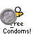 Pixelated yellow figure with white head holds large gray circular object, text reads 'Free Condoms!' on light gray background.