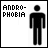 pixelated icons showing a black stick figure with evolving pink text and small blue/purple symbols above it, each frame adding letters to form "ANDROPHOBIA THE FEAR OF MEN"