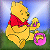 Static pixelated cartoon icon of Winnie the Pooh holding a honey pot against a blue sky and green ground background.