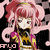 Pixelated anime-style character with pink hair in twin buns, wearing a yellow and purple outfit against black background.