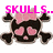 Pixelated skull icon with pink bow and heart-shaped eyes, displaying changing text above it across frames.