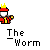 Pixel art animation of a red-and-yellow character with a flame on its head, performing a sequence of poses with a megaphone against a gray background, labeled 'The Worm' below each frame.
