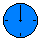 Blue circular clock face with black tick marks and black hour/minute hands showing various times across four