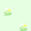 Pixelated floral pattern with white dandelion puffs and yellow flowers on green stems against light mint background, small gray flying insects near each cluster.