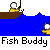 Pixelated animation of a character fishing from a brown boat on blue water, with repeated 'Fish Buddy' text below each frame.