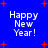 Blue background with red starbursts and four identical 'Happy New Year!' text blocks in white pixelated font.