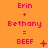 Pixelated text displays 'Erin + Bethany = BEEF' with animated symbols changing across three on an orange background
