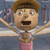 Pixelated cartoon character with brown hair, green mark on forehead, open mouth, raised arms, pink pants, and white shirt against blue background.