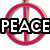 A circular pink peace symbol with a brown vertical bar, overlaid with black text reading PEACE, LOVE, or HAPPINESS in white letters.