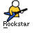Pixelated figure in yellow shirt and blue pants plays black electric guitar with white pickguard, head is white circle, text "Rockstar" below.