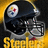 Pixelated image of a black football helmet with a white circular logo containing red and blue shapes, set against a yellow and black background with partial yellow text at the bottom.