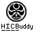 Pixelated circular icon with black and white skull design above bold text reading 'HICBuddy' on gray background.