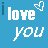 Blue background with repeated 'i love you' text and heart symbols in white, some letters dark blue.