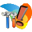 Pixelated icon shows a stylized face with blue and orange wing-like shapes, holding a blue and orange object against a gray background.