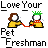 Pixel art of two figures holding hands with text reading Love Your Pet Freshman above and below them on a gray background.