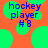 Pixelated orange background with green circles and blue text reading 'hockey player #8' in two identical arrangements.