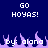 Blue background with white pixelated text 'GO HOYAS!' repeated twice above purple flame-like shapes and 'by: olano' text below.