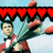 Pixelated image of a person in green attire holding red objects under a row of red heart shapes against light blue background.