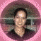 circular portraits on a pink background, each showing the same person in various poses and expressions with dark clothing