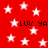 Red background with white stars and repeated black text 'luv ya' in pixelated font.