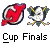 Red and white circular logo with swirling pattern, white bird with crossed hockey sticks, red circle with diagonal line over bird, and text reading "Cup Finals Go Devils!!!".