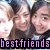 Two people with dark hair pose closely together in a pixelated image with a white starburst effect on the left and purple text reading 'bestfriends' at the bottom.